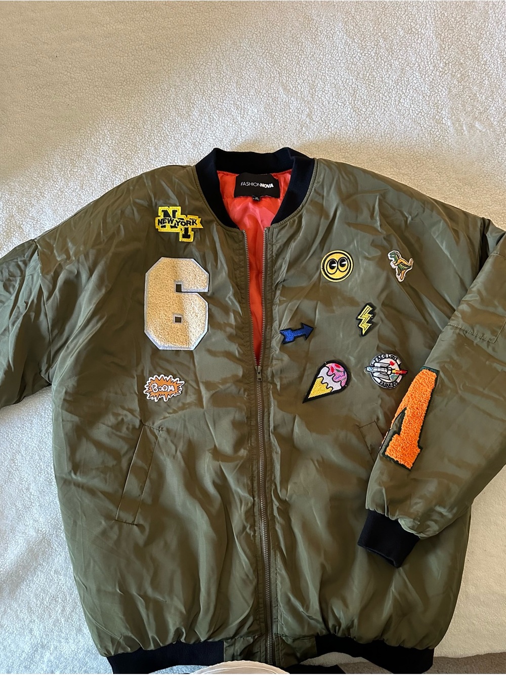 Fashion Nova Olive Green Bomber Jacket with Orange Lining and Patch Accents